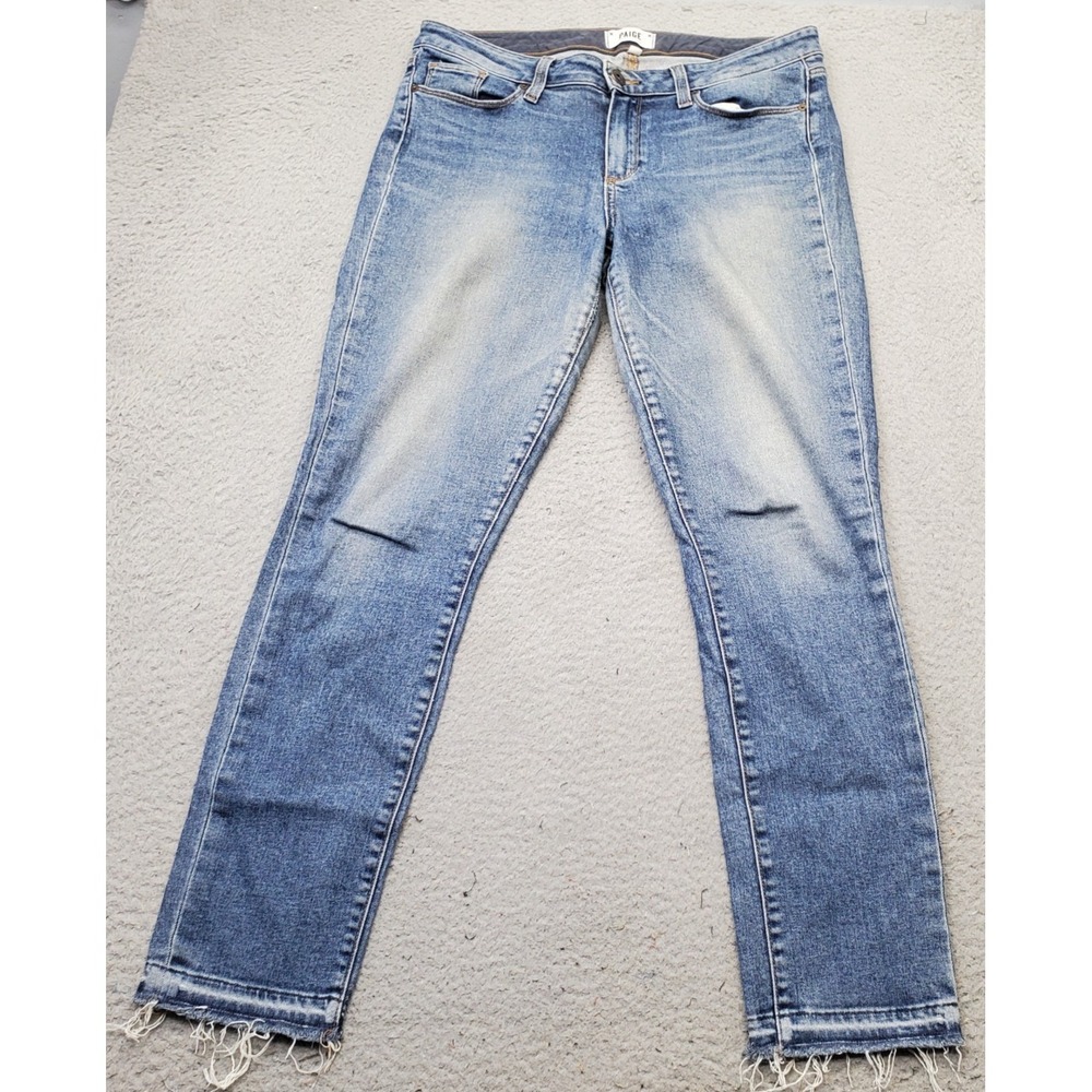 Paige Skyline Ankle Peg Jeans Womens 31 Blue‎ Denim Faded Whiskered Straight Leg